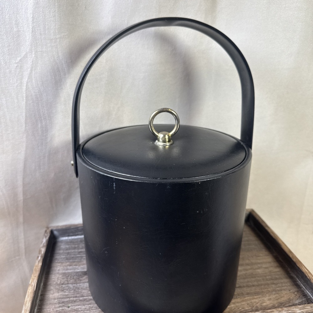 Vintage Black Faux Leather Ice Bucket with Lid‎ and Handle Mid Century Barware